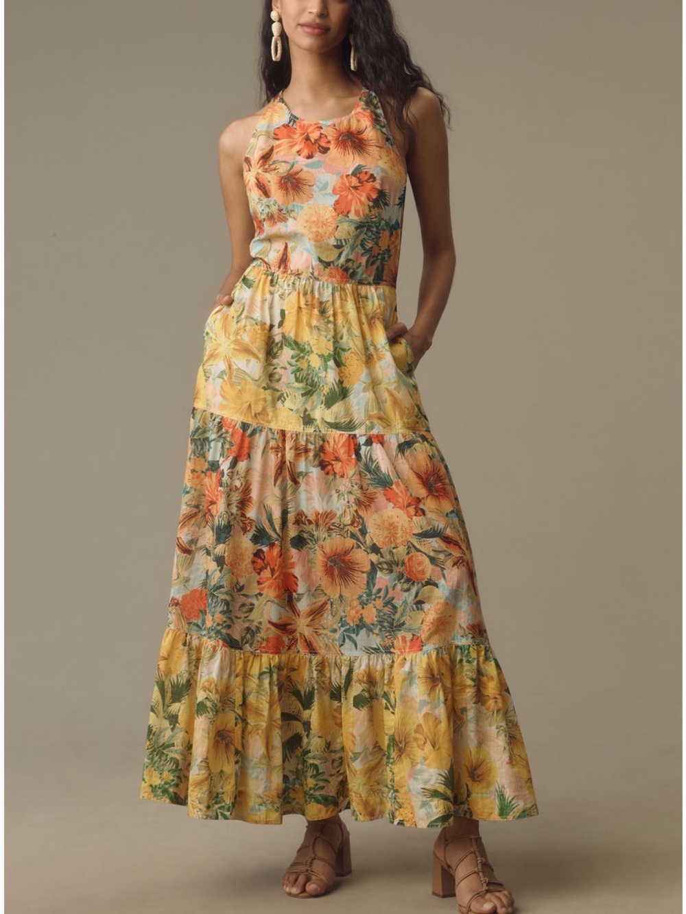Pilcro Yellow and Orange Floral Halter Tiered Maxi Dress